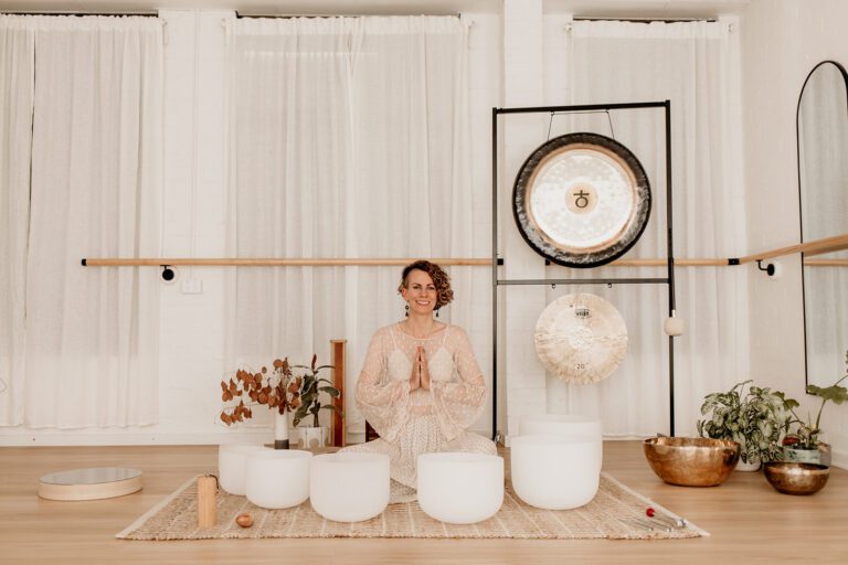 Lyndal from Lionheart Yoga & Sound Healing with sound bath setup